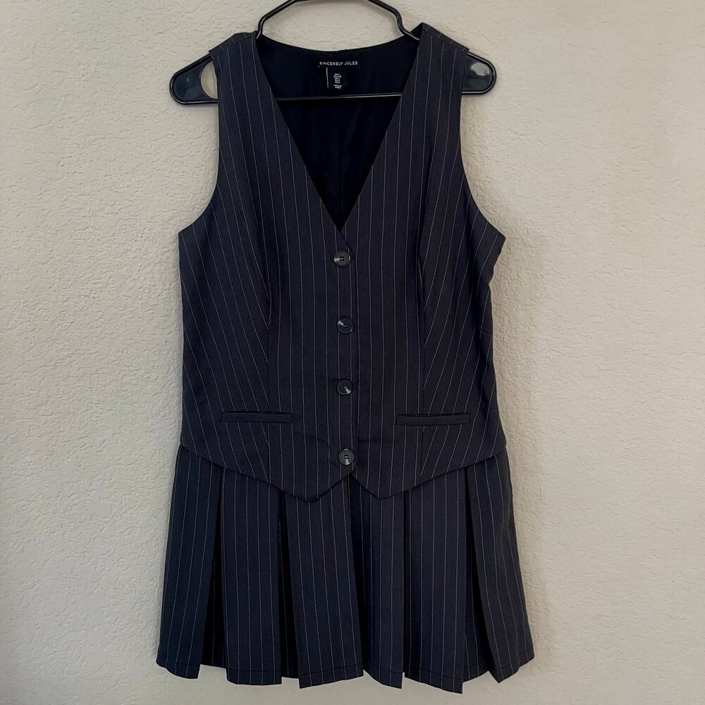 Women's Pinstriped Sleeveless Vest Shirt Dress Dark Gray Size Large